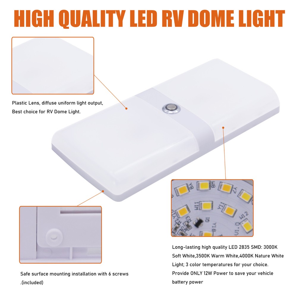 Facon 2PKS 12V 1000Lumens LED RV Dimmable Ceiling Dome Light For Boat Trailer