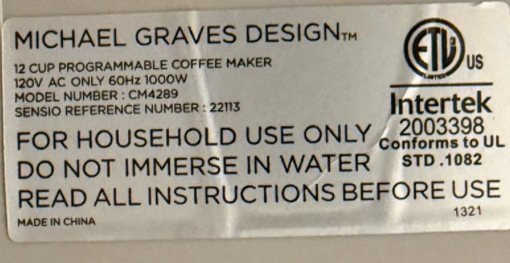 Michael Graves Design 12-Cup Programmable Coffee Maker CM 4289 Works*