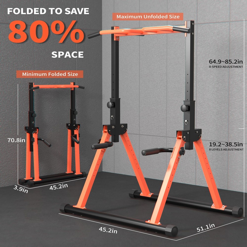 Foldable Pull Up Bar Dip Station, adjustable Height Power Tower For All peopl...