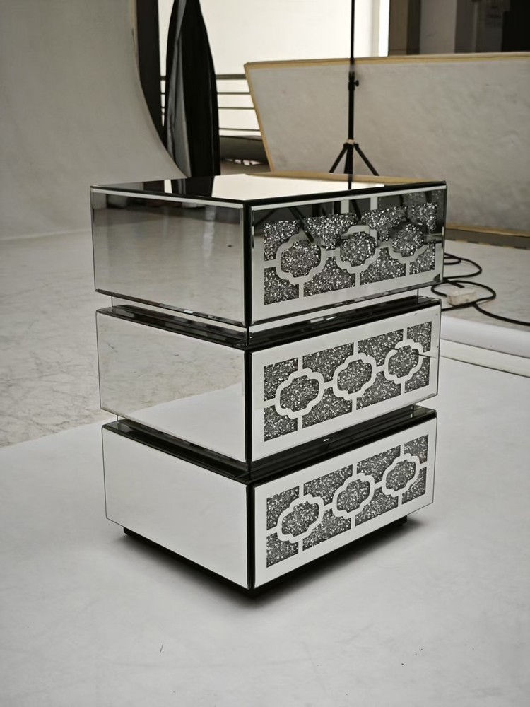 Mirrored Bedside Nightstand, Modern Side Table with 3 Drawers, Silver Accent