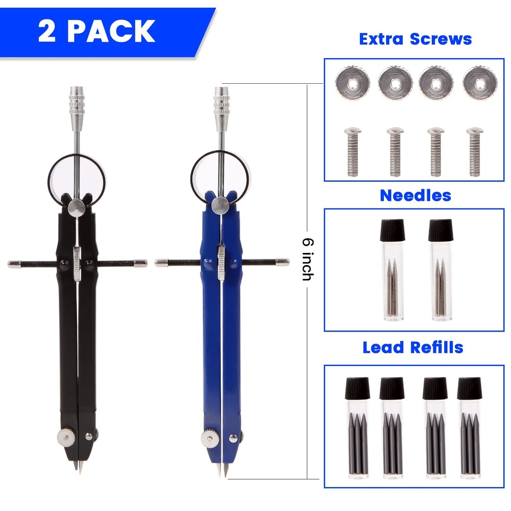 2pcs Compass for Geometry, Professional Drawing Compass,Metal Compass,...