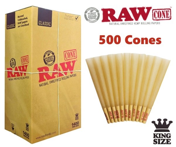 Authentic RAW Classic King Size W/Filter Tip Pre-Rolled Cones 500 Pack