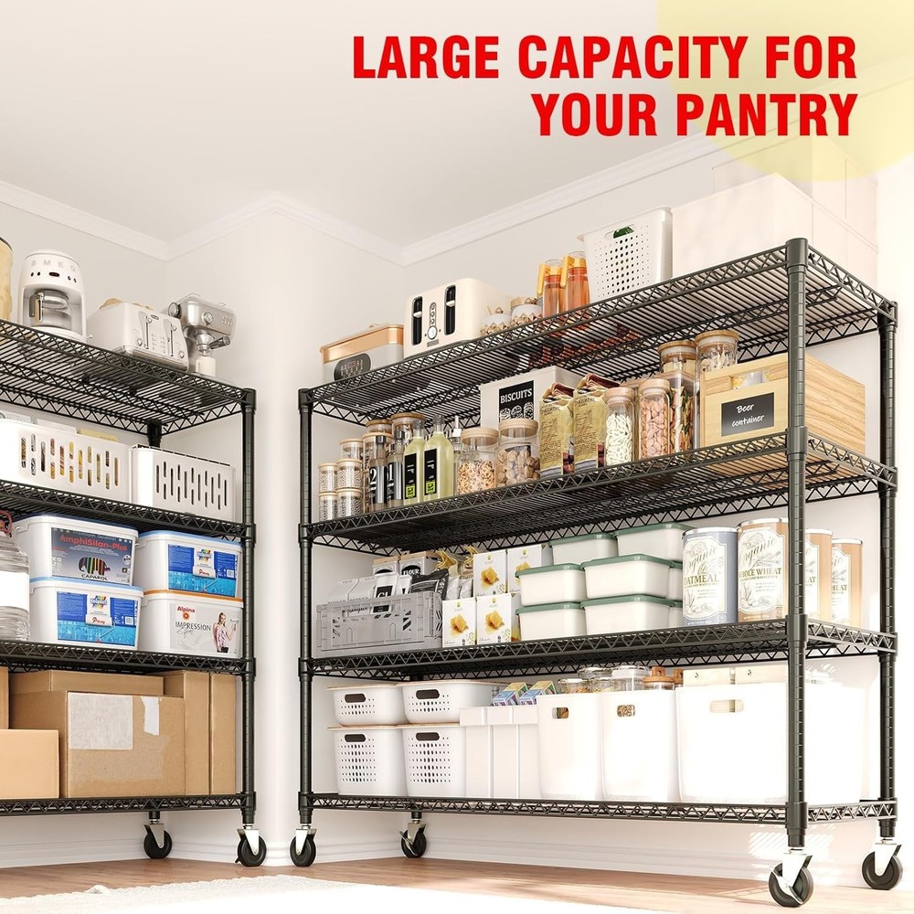 71.8" Rolling Storage Rack: 4-Tier Wire Shelves, 2640LBS Capacity Quick Assembly