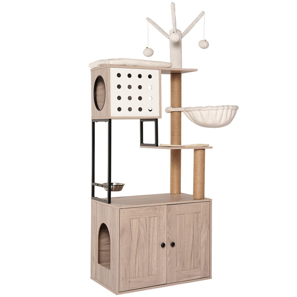 Cat Tree w/ Litter Box Enclosure - Modern Condo - Scratching Posts + Bowls