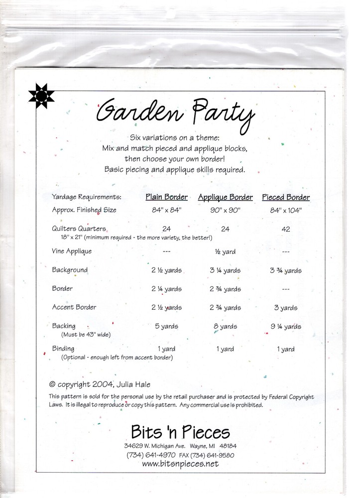 "Garden Party" ©2004 Bits 'n Pieces Quilting Pattern Pack 440 3 Sizes w/Borders