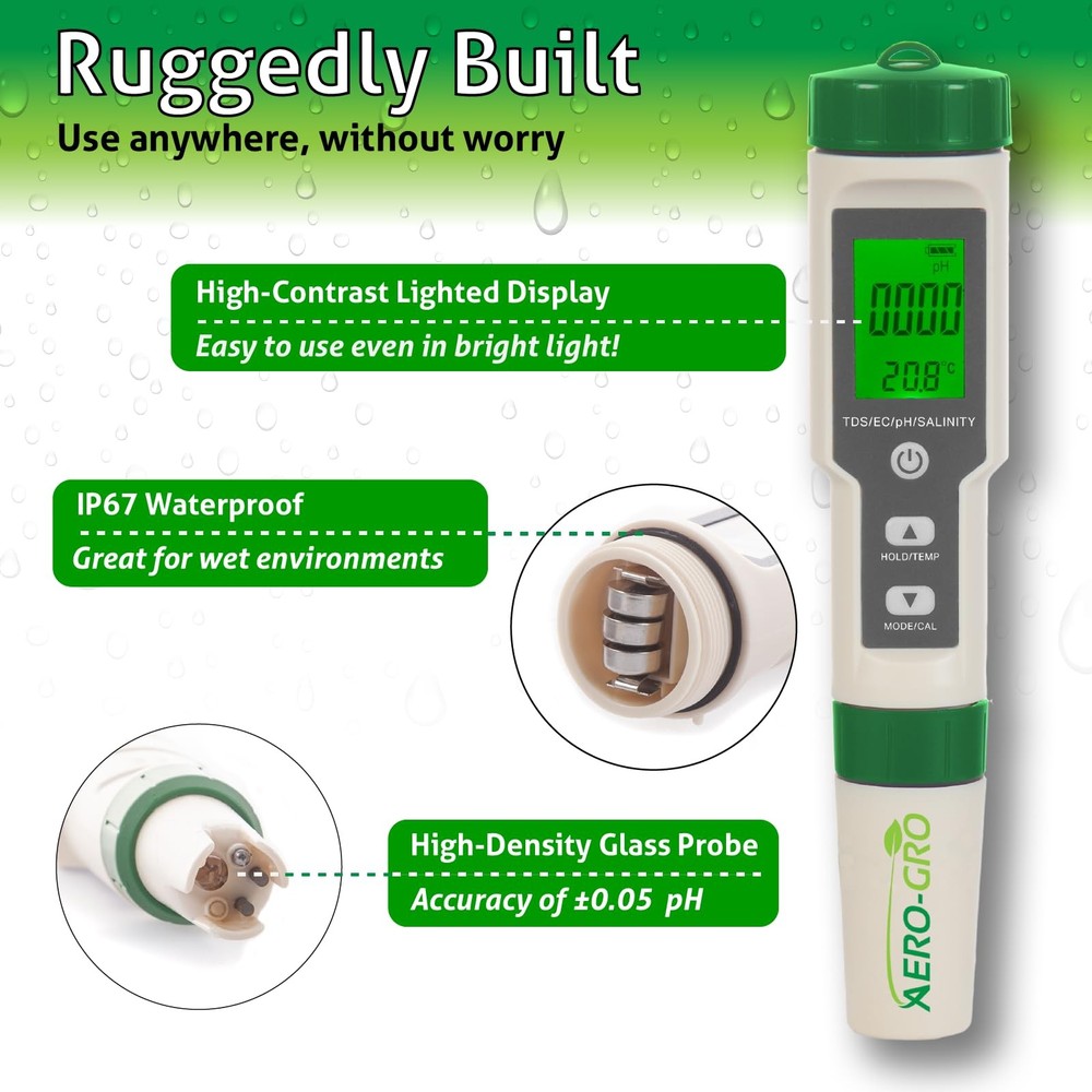 AEROGRO Digital 5in1 Meter 5 Functions pH, TDS, EC, Salinity%, Salinity ppm, ...
