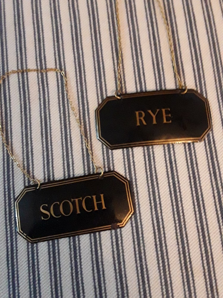 2 FINE ANTIQUE LACQUER & GOLD TIN BOTTLE TICKETS