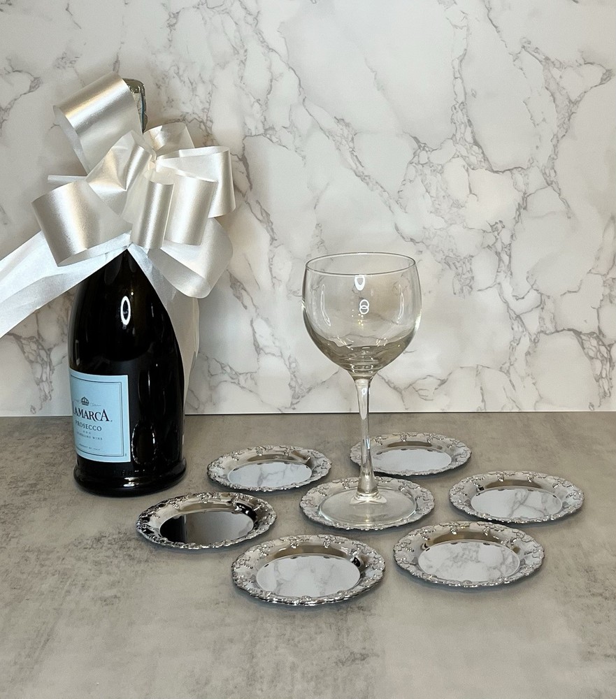 Vintage Silver Plated Coaster Set Of 8 Ornate Grape Pattern
