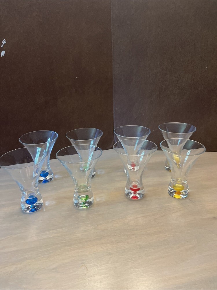 Vtg Blown Multi Colored Bubble Double Shot Set 8  Modern Maximalist Bar Glasses