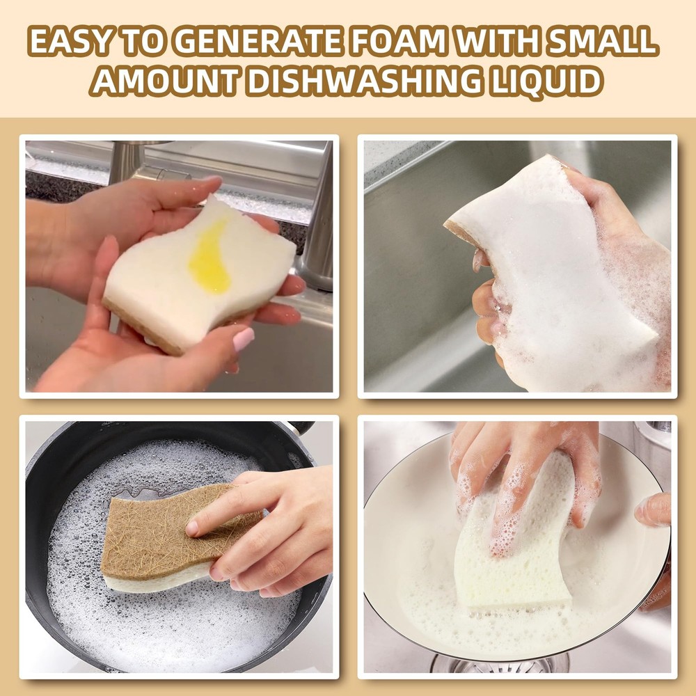 12 Pack Natural Kitchen Sponges, Biodegradable & Compostable | Non-Scratch Ce...