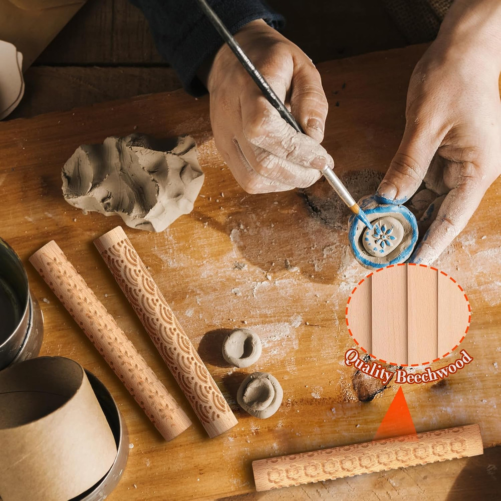 Set of 10 Wooden Handle Pottery Tools Clay Modeling Pattern Rollers Kit Brown (S