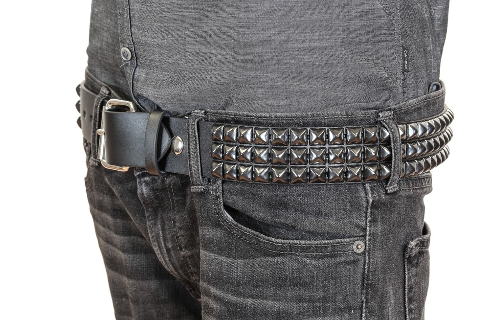 Black Pyramid Stud Belt Genuine Leather Three Row Rock Goth Sid Vicious Punk
