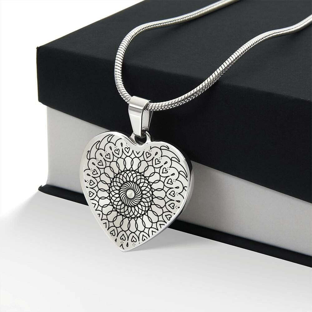 Graphic Heart Pendant + Necklace - Round Mandala Pattern