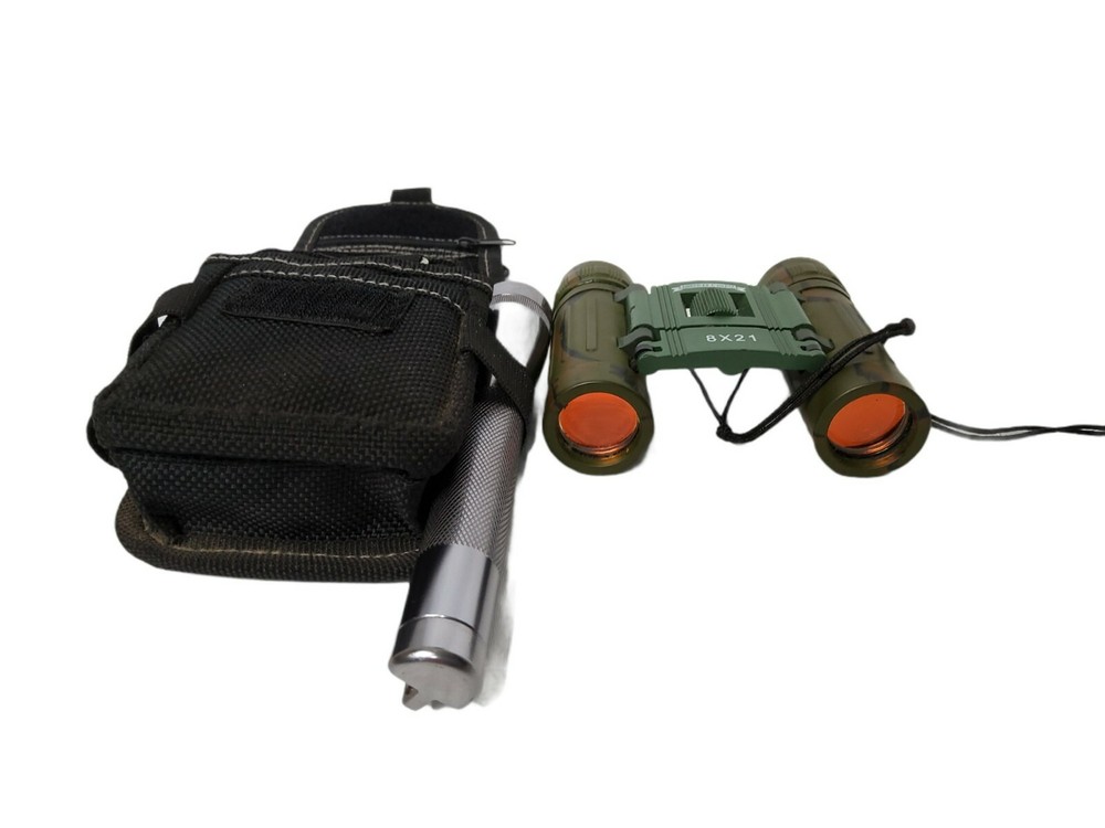 Camping set includes Mini Maglite, 8x21 Rubber Armored Compact Folding Binocular