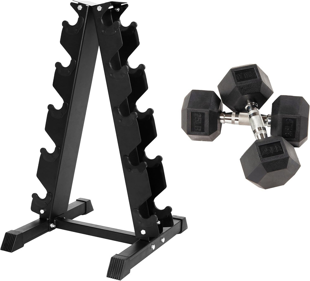Rubber Encased Hex Dumbbell with Rack