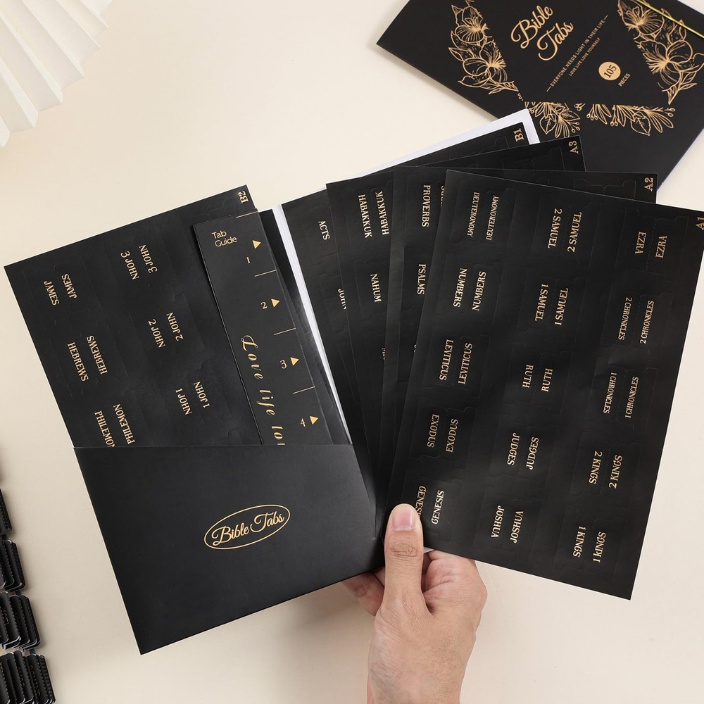 Laminated Bible Tabs, Gold Foil Embossed Lettering Chapter Index Black