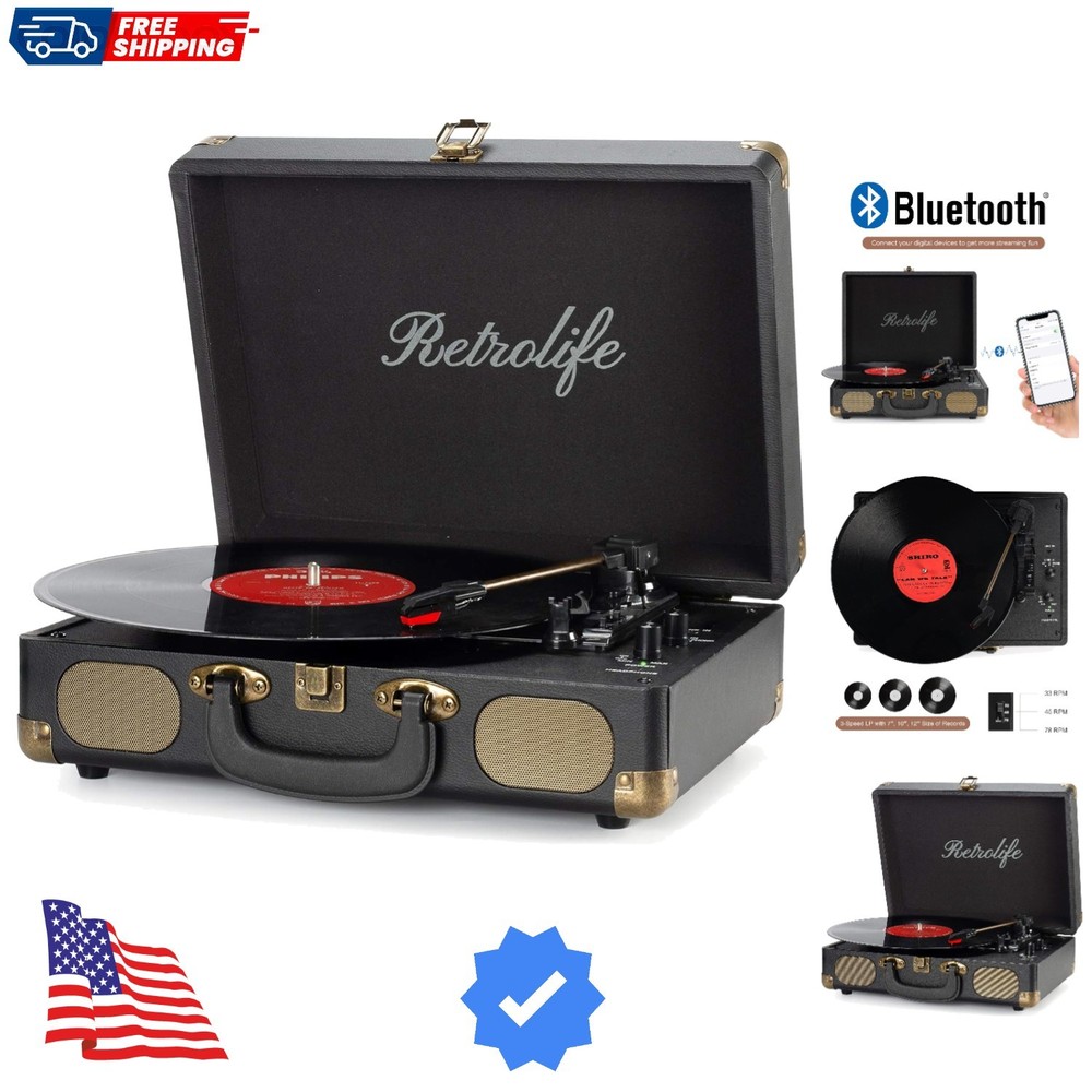 Vinyl Record Player 3-Speed Bluetooth Suitcase Portable Belt-Driven Record Pl...