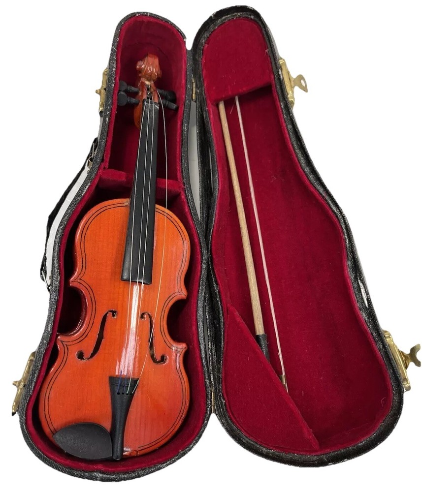 8” Miniature Violin with Bow & Fitted Lined Case •Flip Close w/Handle