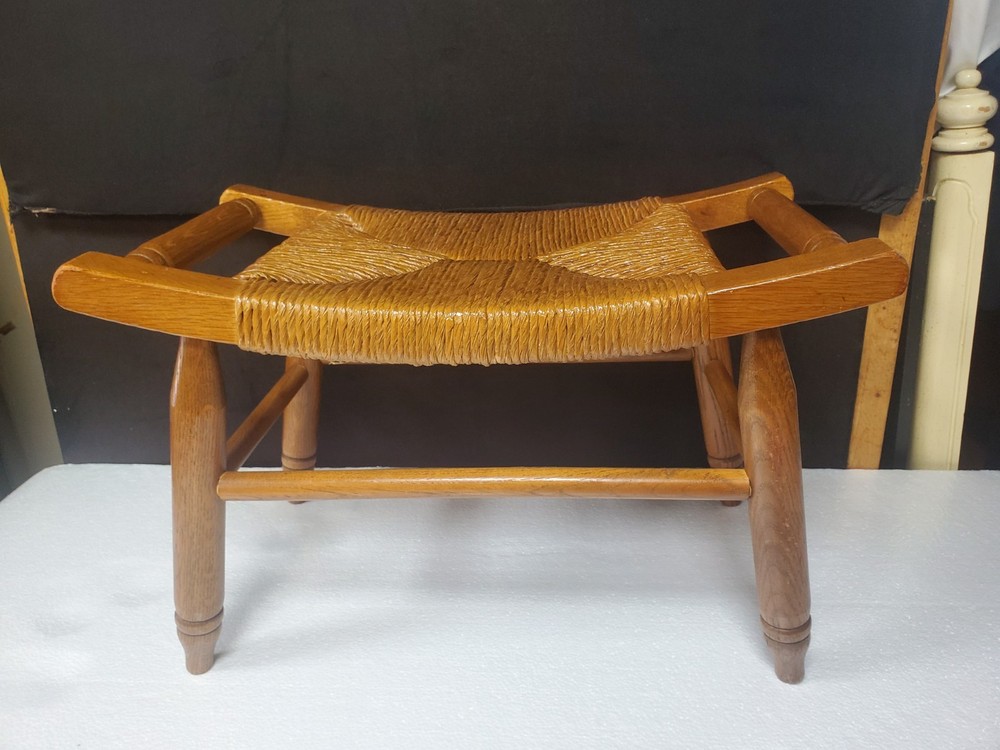 Mid Century Solid Wood Woven Rush Footstool