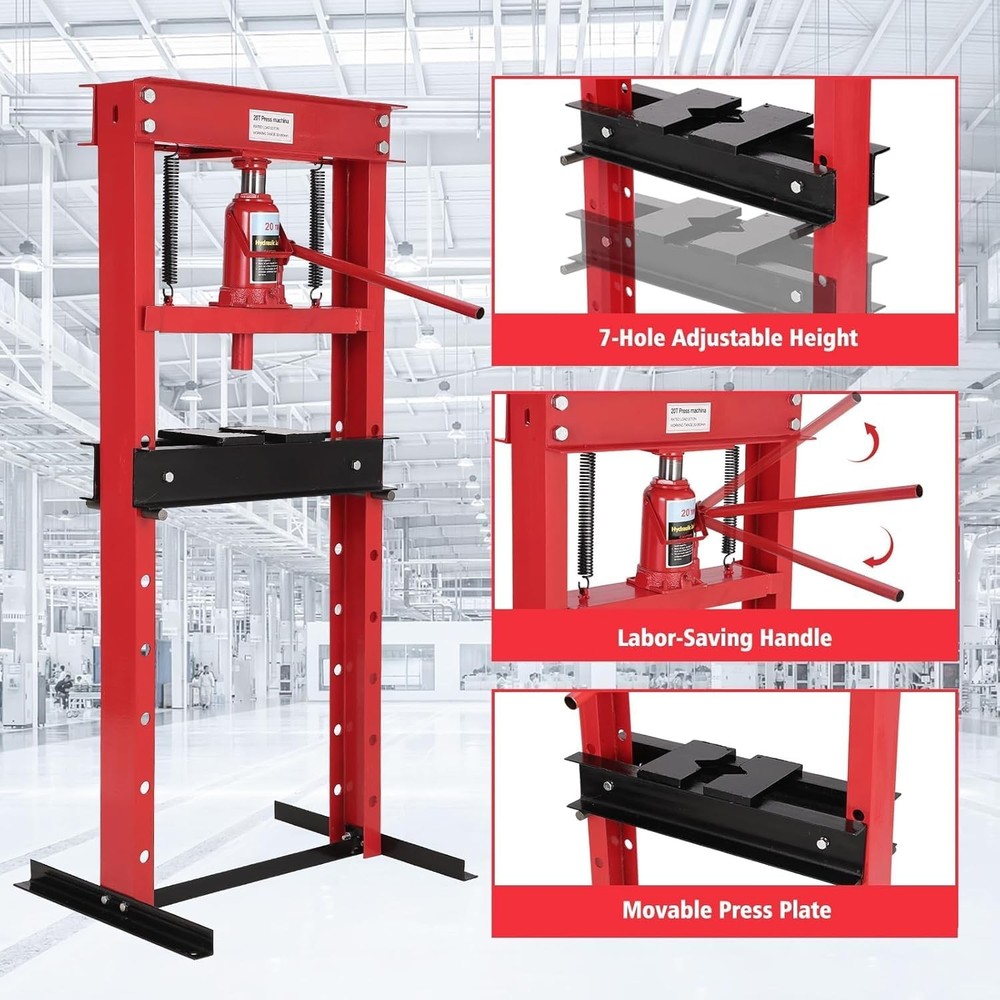 20 Ton Hydraulic Shop Press H-Frame w/ Adjustable Work Table & Press Plates