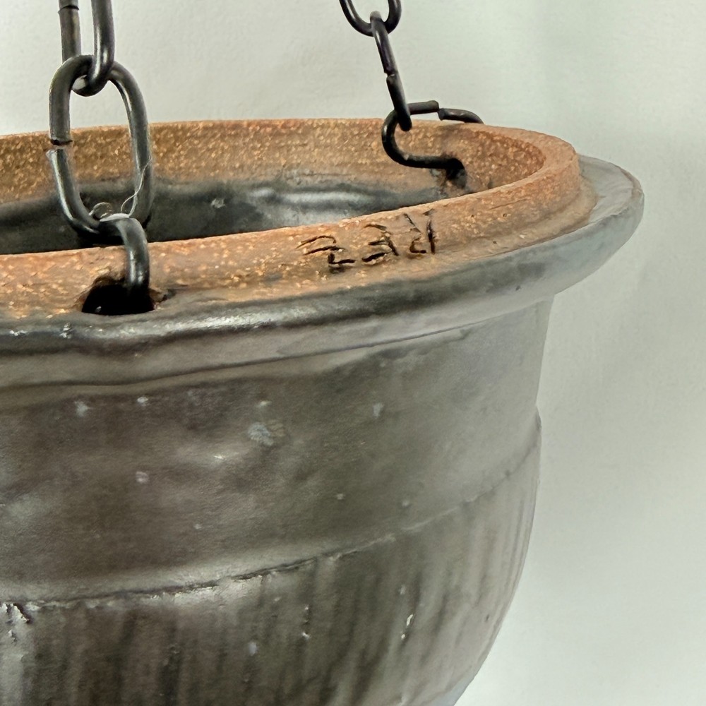 Studio Pottery Hanging Planter Blue Black Glaze REZ Signed