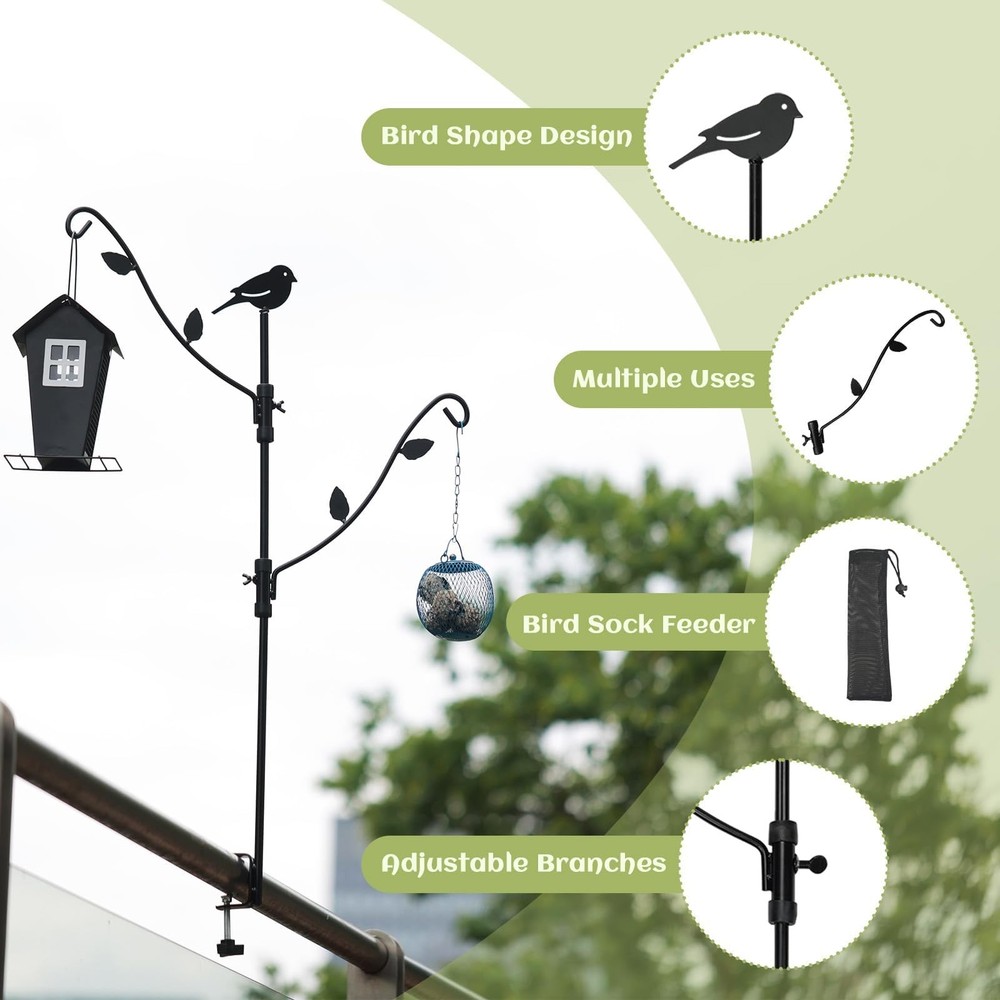 Adjustable Deck Bird Feeder Pole with Multi-Hooks - Black