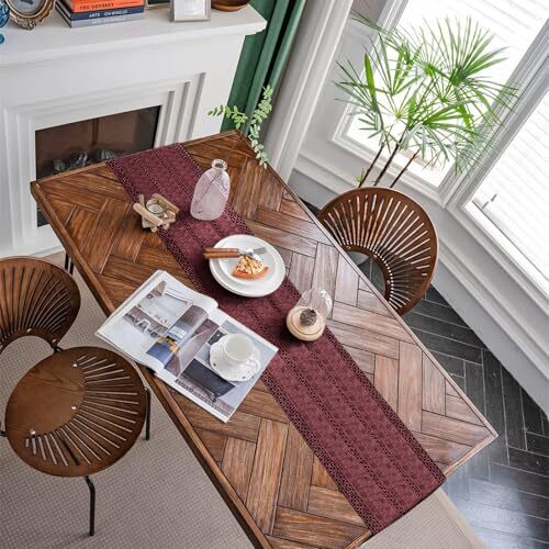 Macrame Table Runner Boho Table Runner with Tassels Hand 12"Wx71"L Burgundy