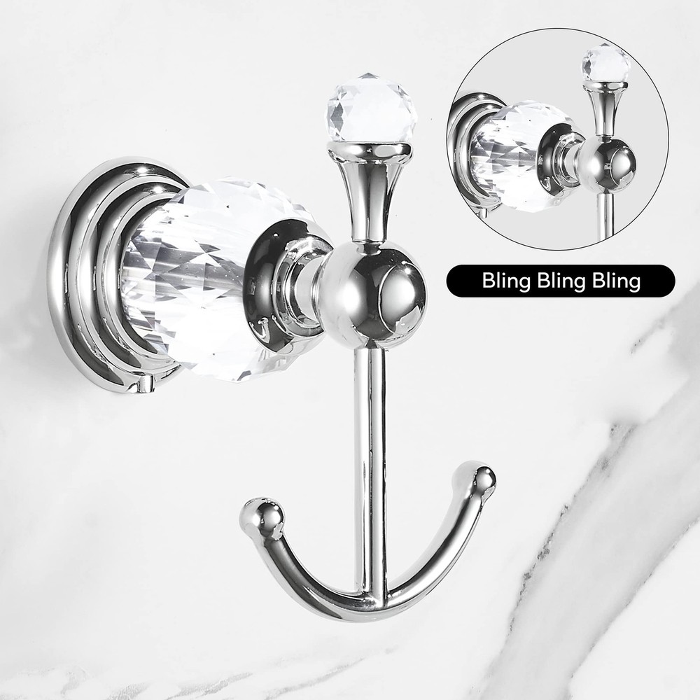 Crystal Towel Hook Chrome, Bath Robe Hook, Silver Bathroom Wall Hooks Double ...