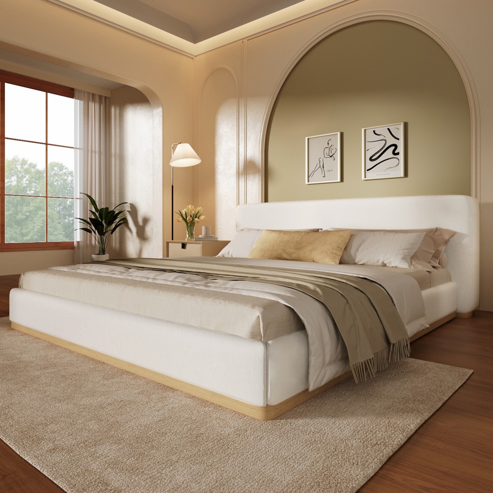 White Velvet King Bed Frame with Solid Wood Headboard & Footboard, Free Ship