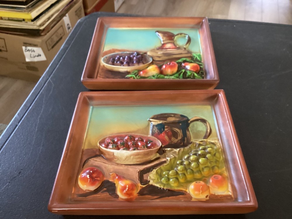 Vintage Set of (2) Artsy Ceramic Wall Hanging Plaques