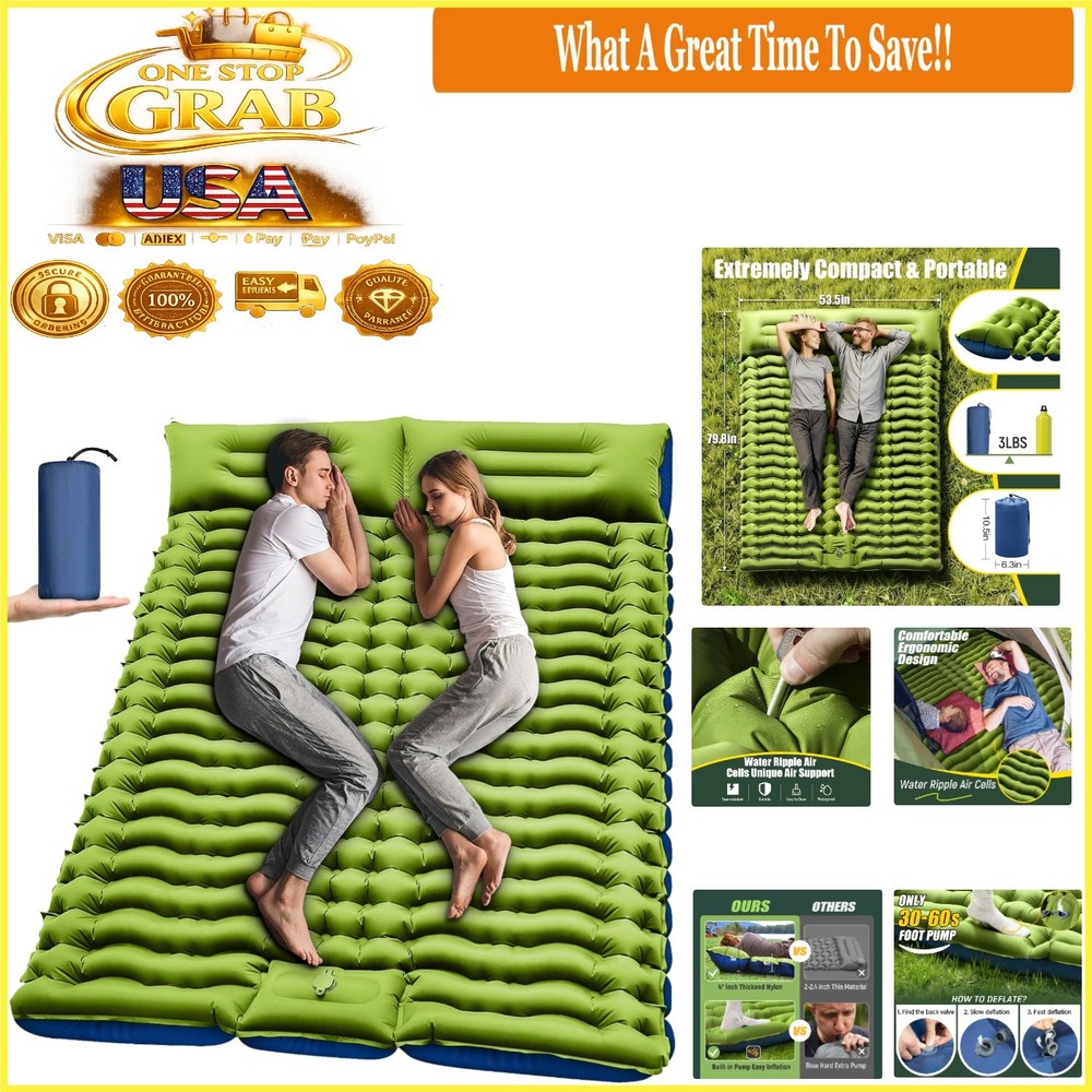 Ultra-Thick Double Self-Inflating Camping Sleeping Pad with Pillow Green