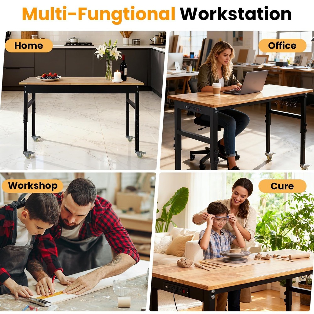 48" Adjustable Workbench, Heavy Duty Work Bench Table w/Pegboard & Power Outlets