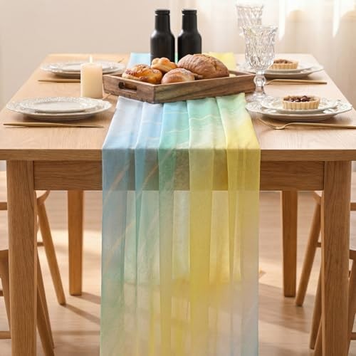 Boho Gradient Yellow Blue Stripes Spring Chiffon Table 28" x 120" Yellow/Blue
