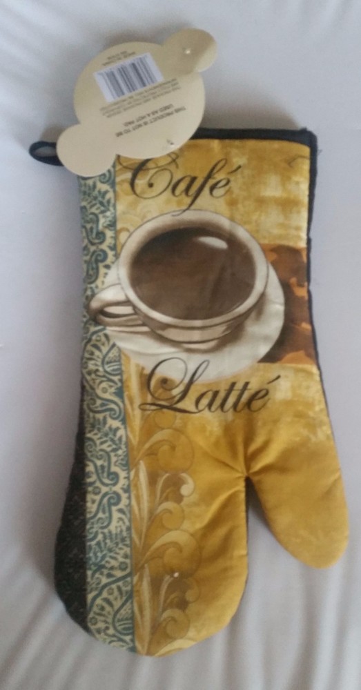 Fabric Printed Kitchen 13" Oven Mitt, CAFE LATTE, COFFEE CUP # 1, black back, BH