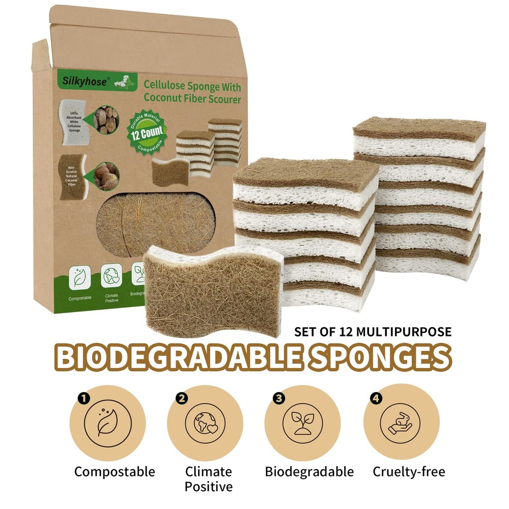 12 Pack Natural Kitchen Sponges, Biodegradable & Compostable | Non-Scratch Ce...