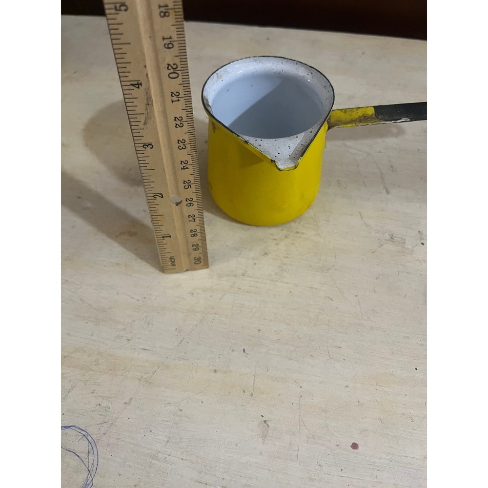 Vintage Yellow Enamelware Turkish Coffee Pot Long Handle Primitive Rustic Decor
