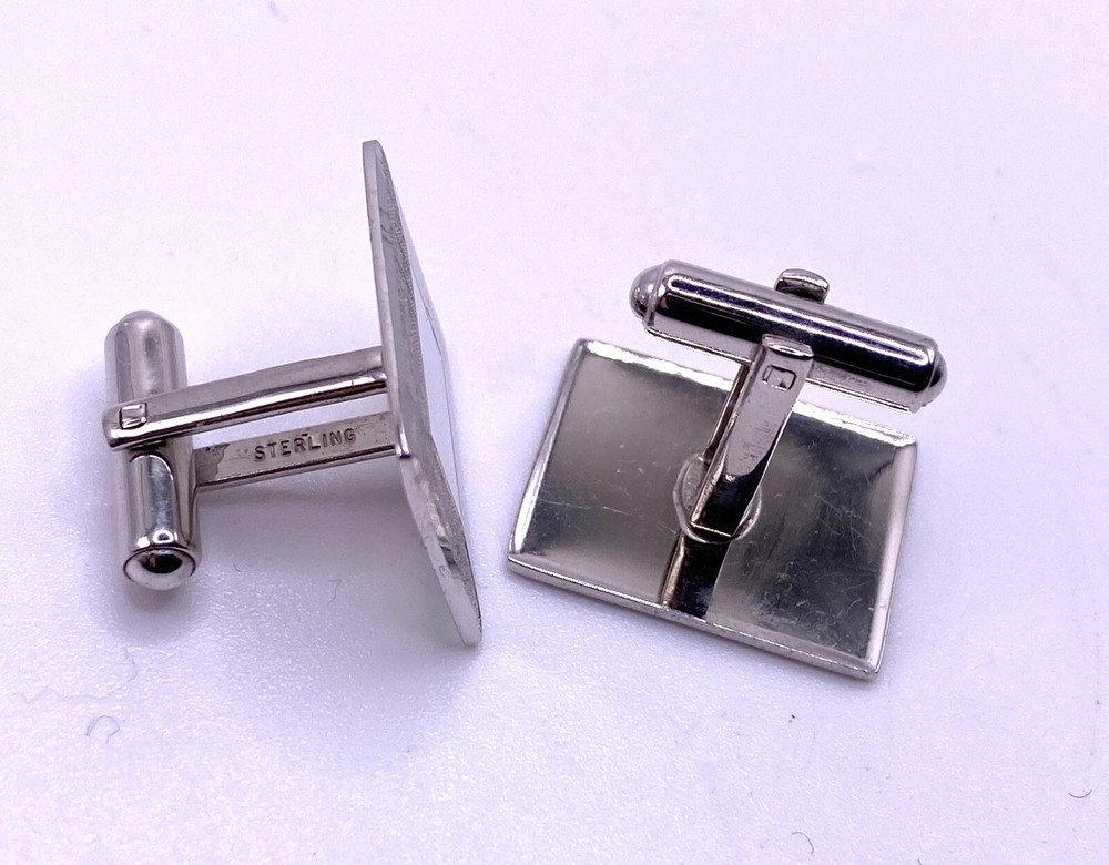 Sterling Silver Cufflinks Rectangular Brush Corner Bullet Back UnEngraved Marked