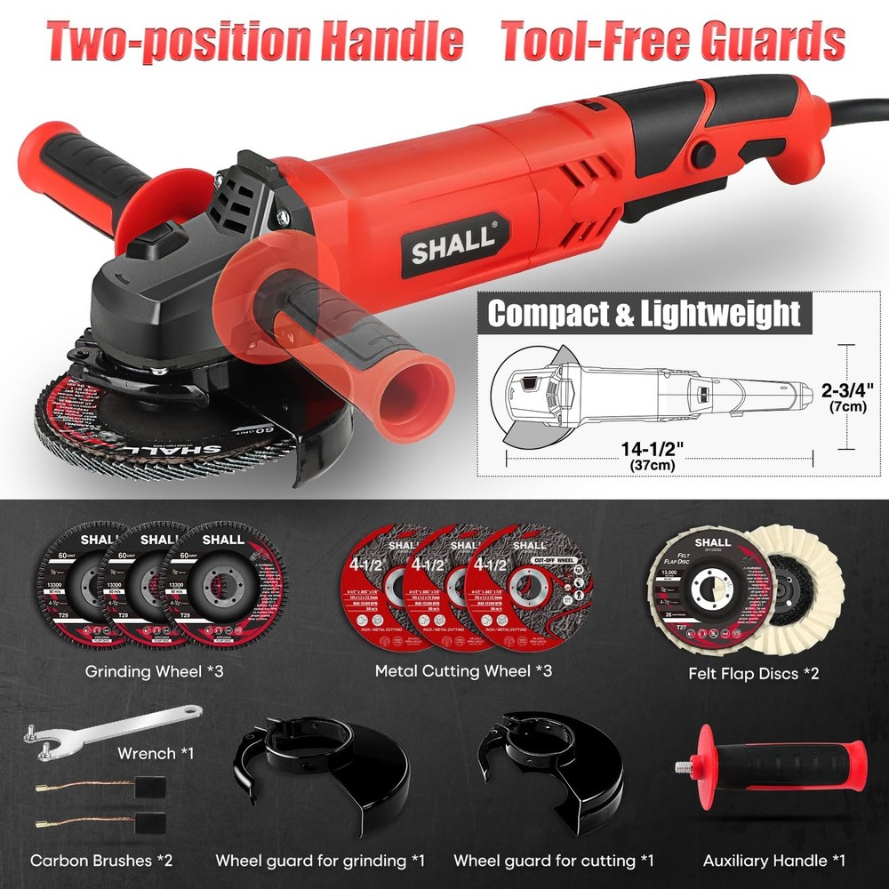 SHALL Angle Grinder Tool 7.5Amp 4-1/2 Inch, 6-Variable-Speed Grinders Power T...