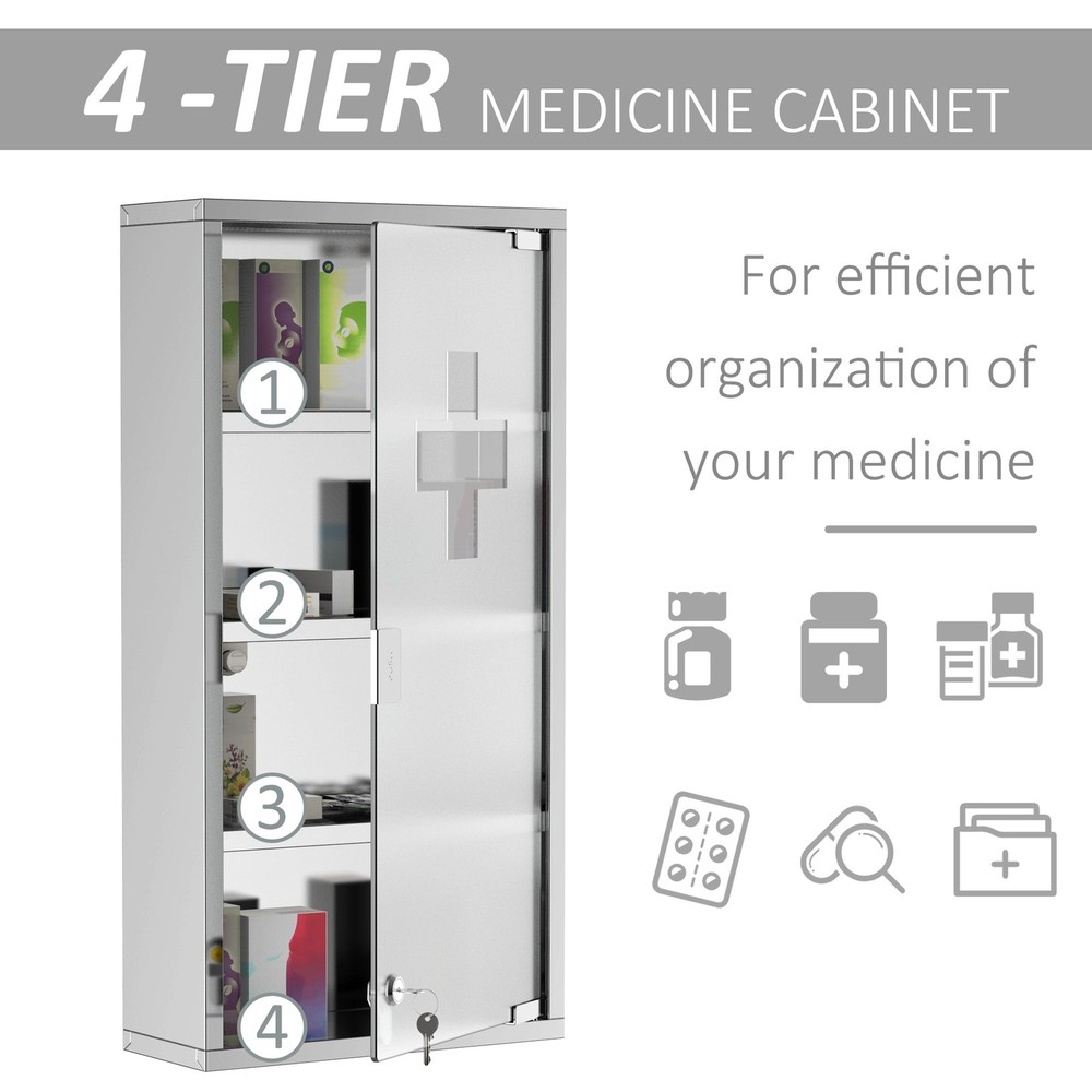Wall Medicine Cabinet with Lock, Lockable Wall Cabinet, Silver