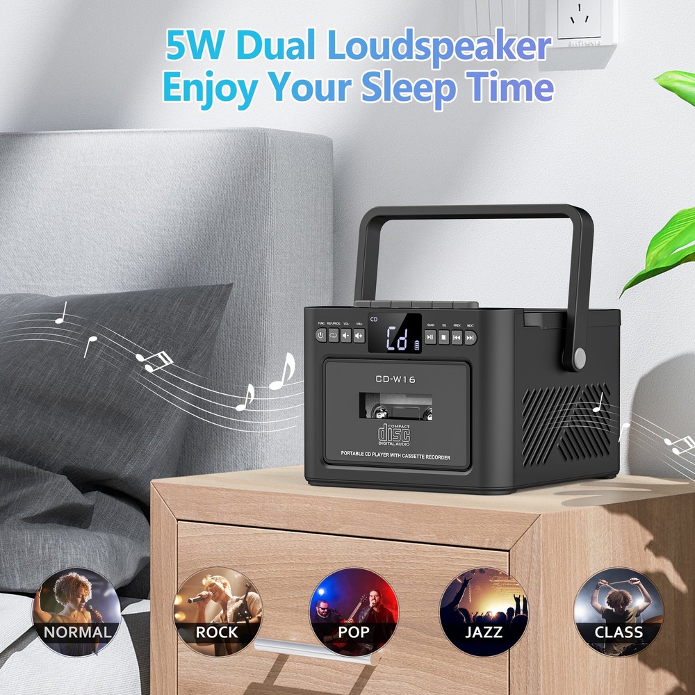 Bluetooth CD Cassette Boombox Player, Portable Rechargeable CD Player with Type-