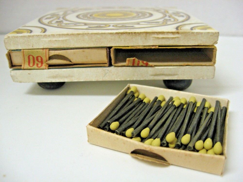 RARE match holder 4 match boxes between 2 tiles HAND PAINTED labels