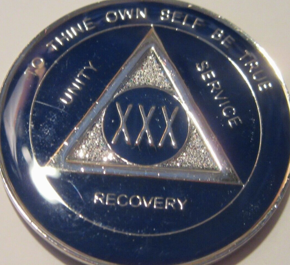 Blue SPARKLE Silver Alcoholics Anonymous 30 Year AA Medallion Coin Token Chip