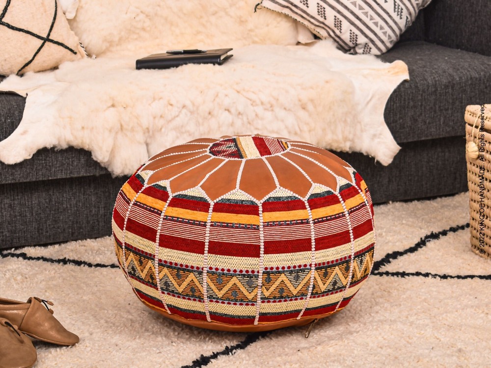 Moroccan Handmade Genuine Leather Boho Pouf Ottoman Footstool Pouffe TAN