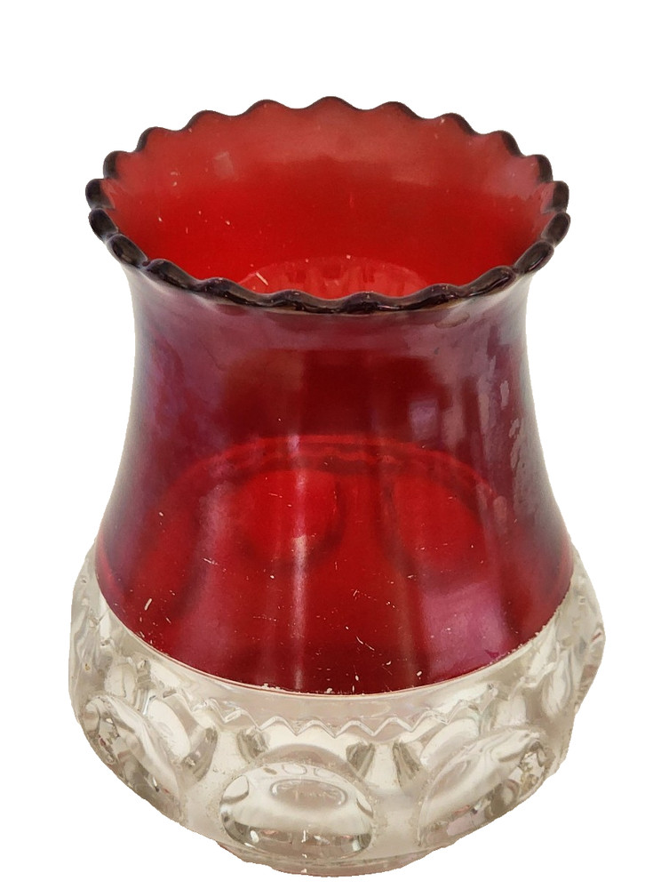 Vintage Ruby Flashed Glass Vase Clear Pressed Base Starburst 6”