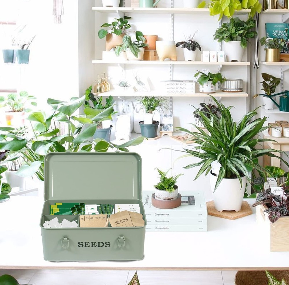 Seed Storage Box Metal Container Organizer, 4-Compartment Garden Seed Box wit...
