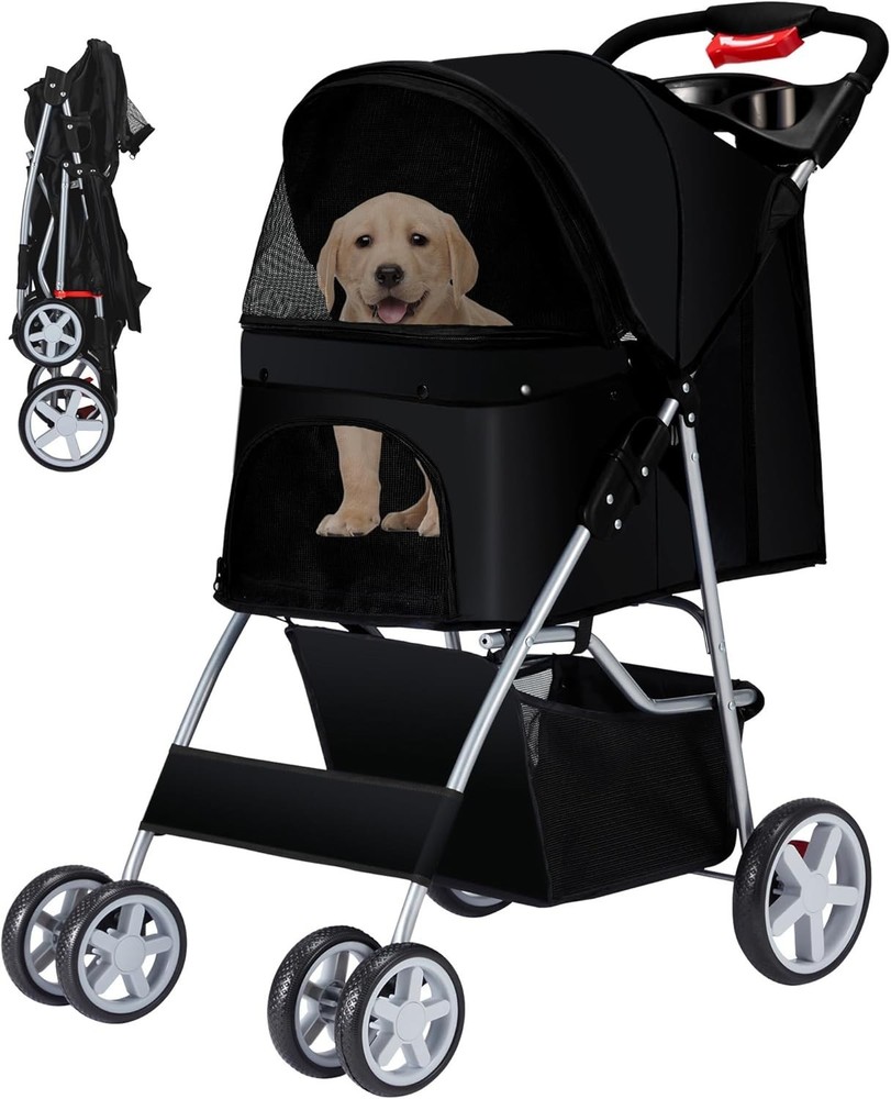 Foldable Pet Stroller 4 Wheels Strolling Cart for Medium/Small Dogs Cats