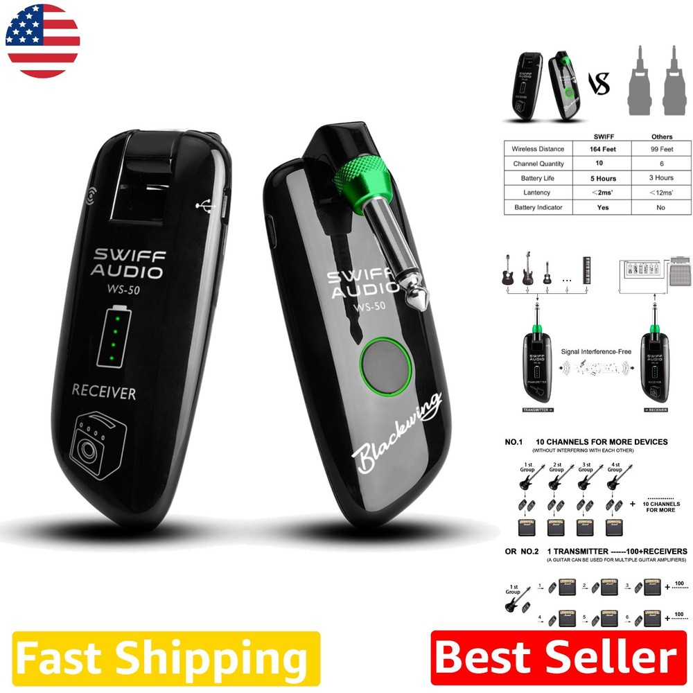 Rechargeable Wireless Guitar System 164ft Long Range UHF Transmitter Receiver