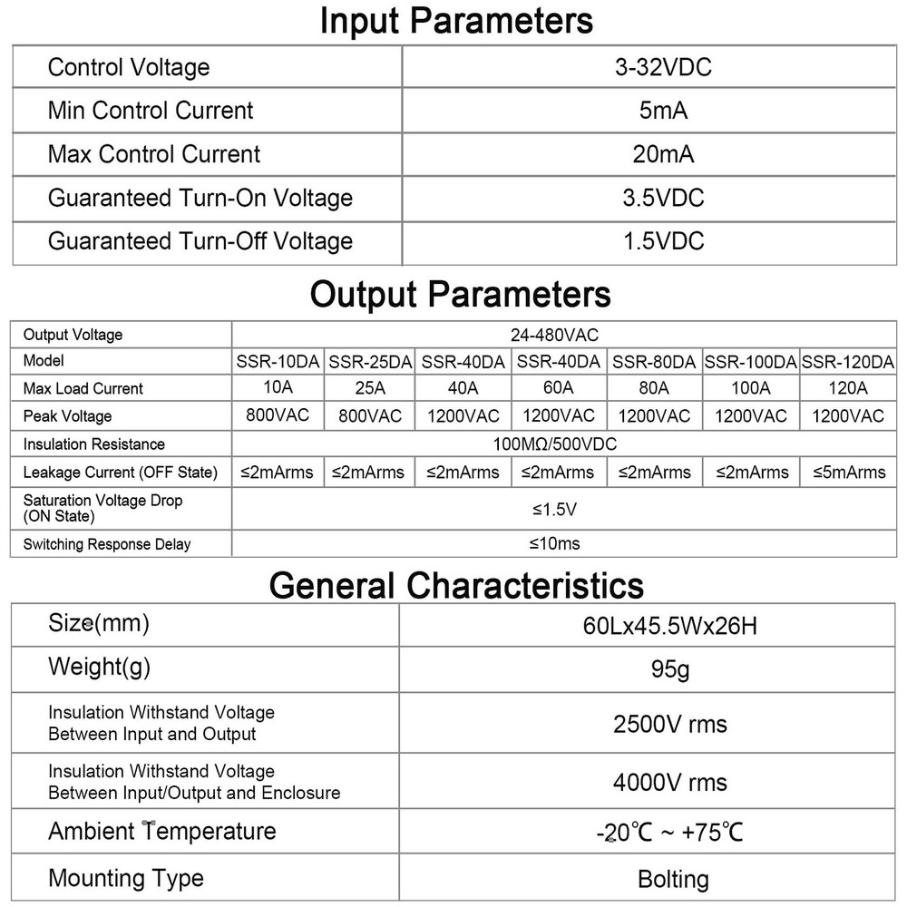SSR-40DA Single Phase DC/AC Solid State Relay Input 4-32VDC Output 24-480V