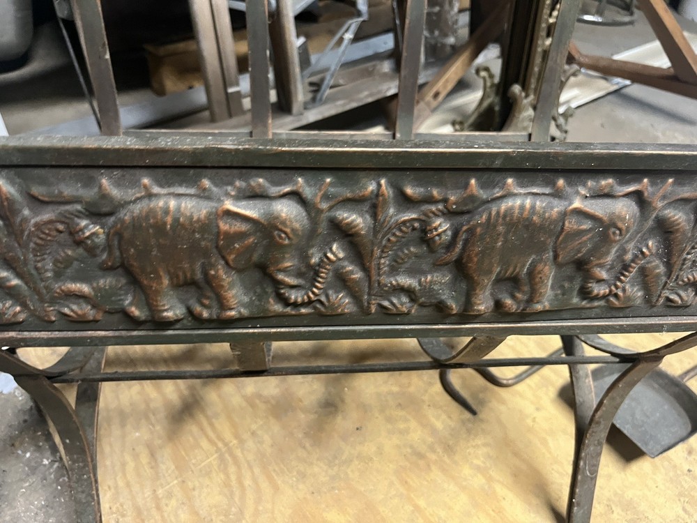 Antique embossed copper fireplace screen elephants,tools, Peacock