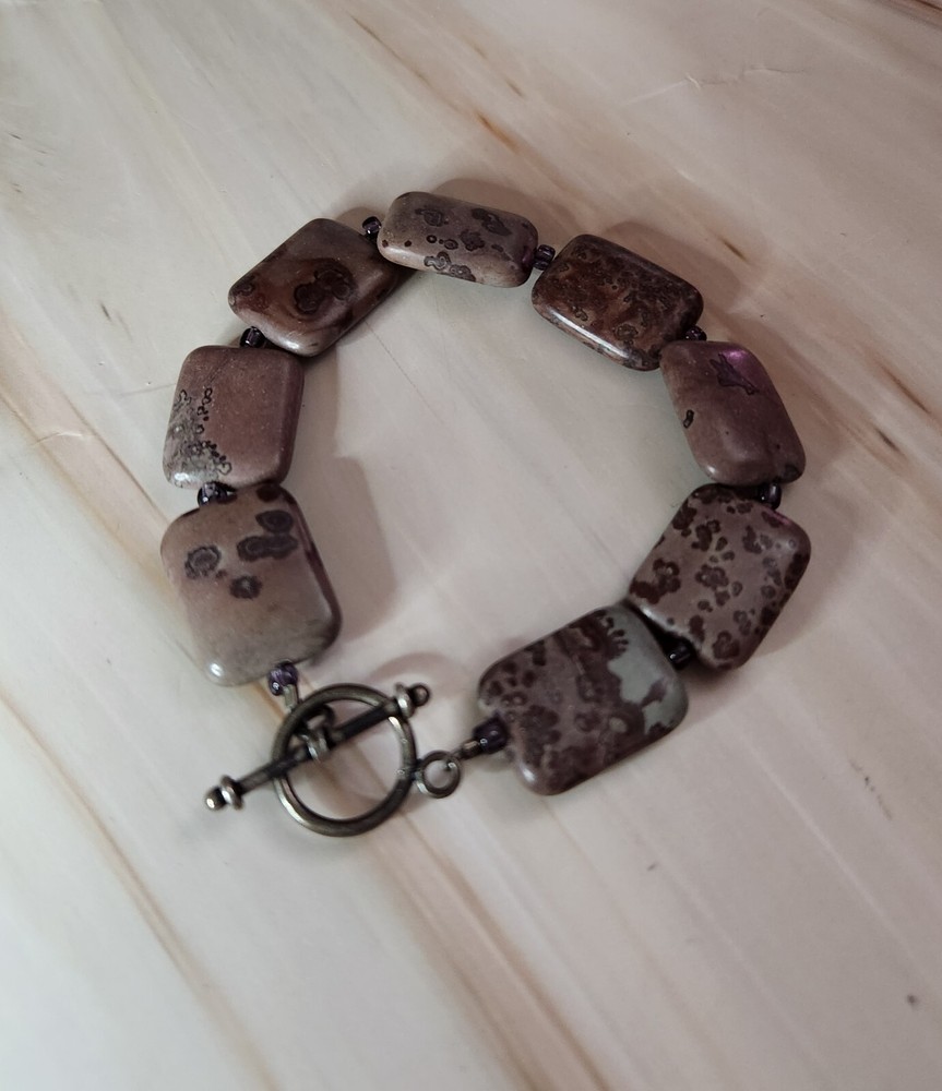 Natural Brown Jasper Crinoid Rectangular Stone Beaded Bracelet